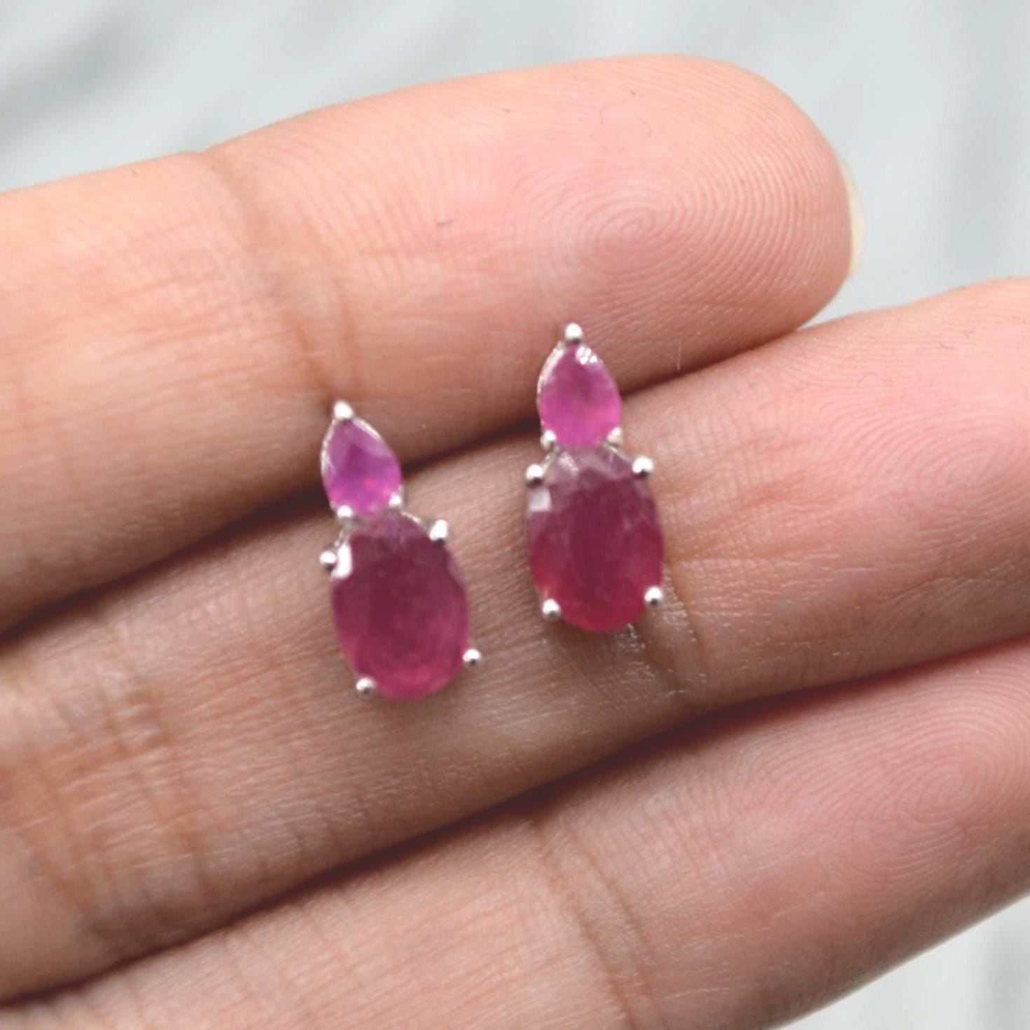 Red Ruby Sterling Silver Stud Earrings: Minimalist July Birthstone Jewelry