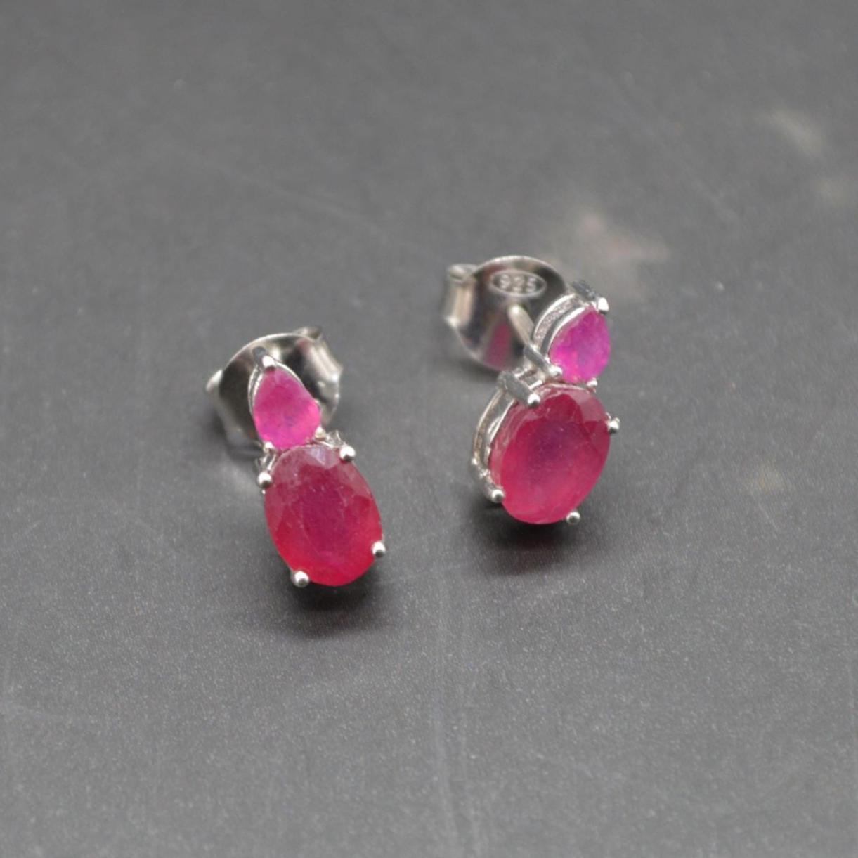 Red Ruby Sterling Silver Stud Earrings: Minimalist July Birthstone Jewelry