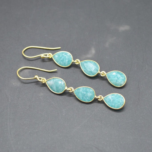 Amazonite Silver Drop Earrings: Green Blue Gemstone Jewelry, Gold Plated, Boho Chic