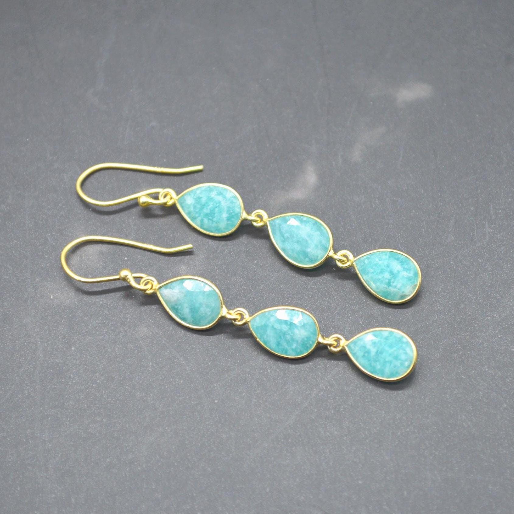 Amazonite Silver Drop Earrings: Green Blue Gemstone Jewelry, Gold Plated, Boho Chic