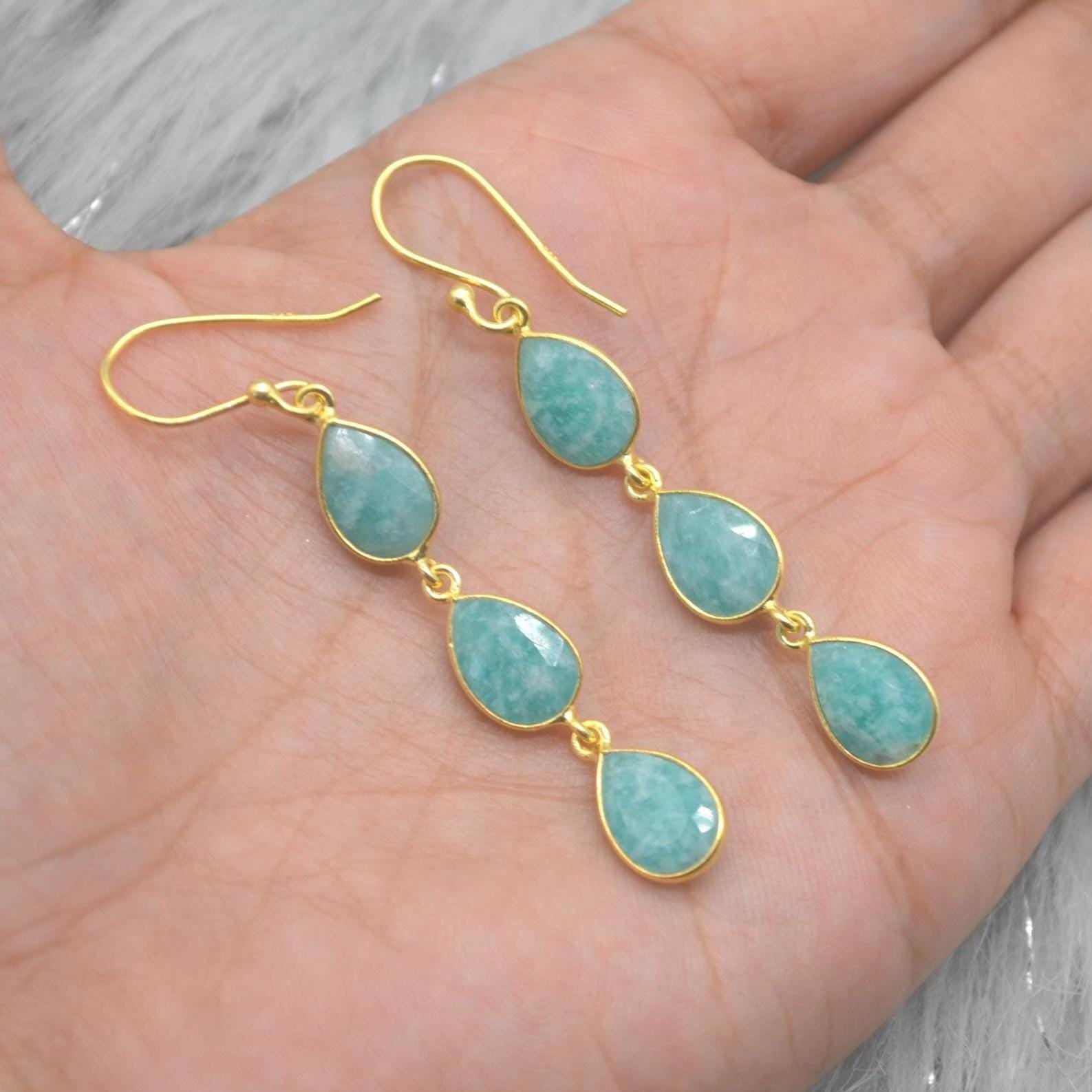 Amazonite Silver Drop Earrings: Green Blue Gemstone Jewelry, Gold Plated, Boho Chic