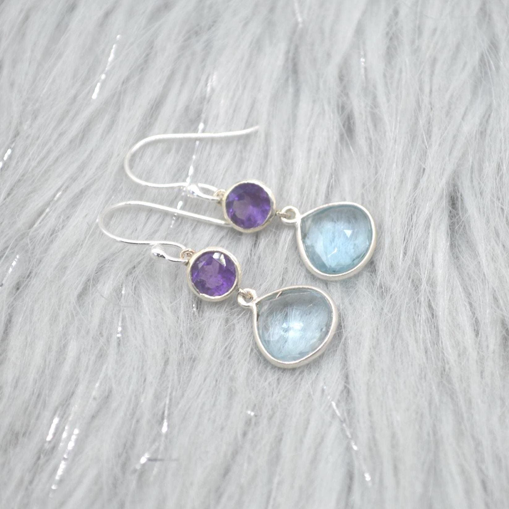 Amethyst Blue Topaz Silver Earrings: Dangle Drop, Blue Purple Gemstone Jewelry, February December Birthstone