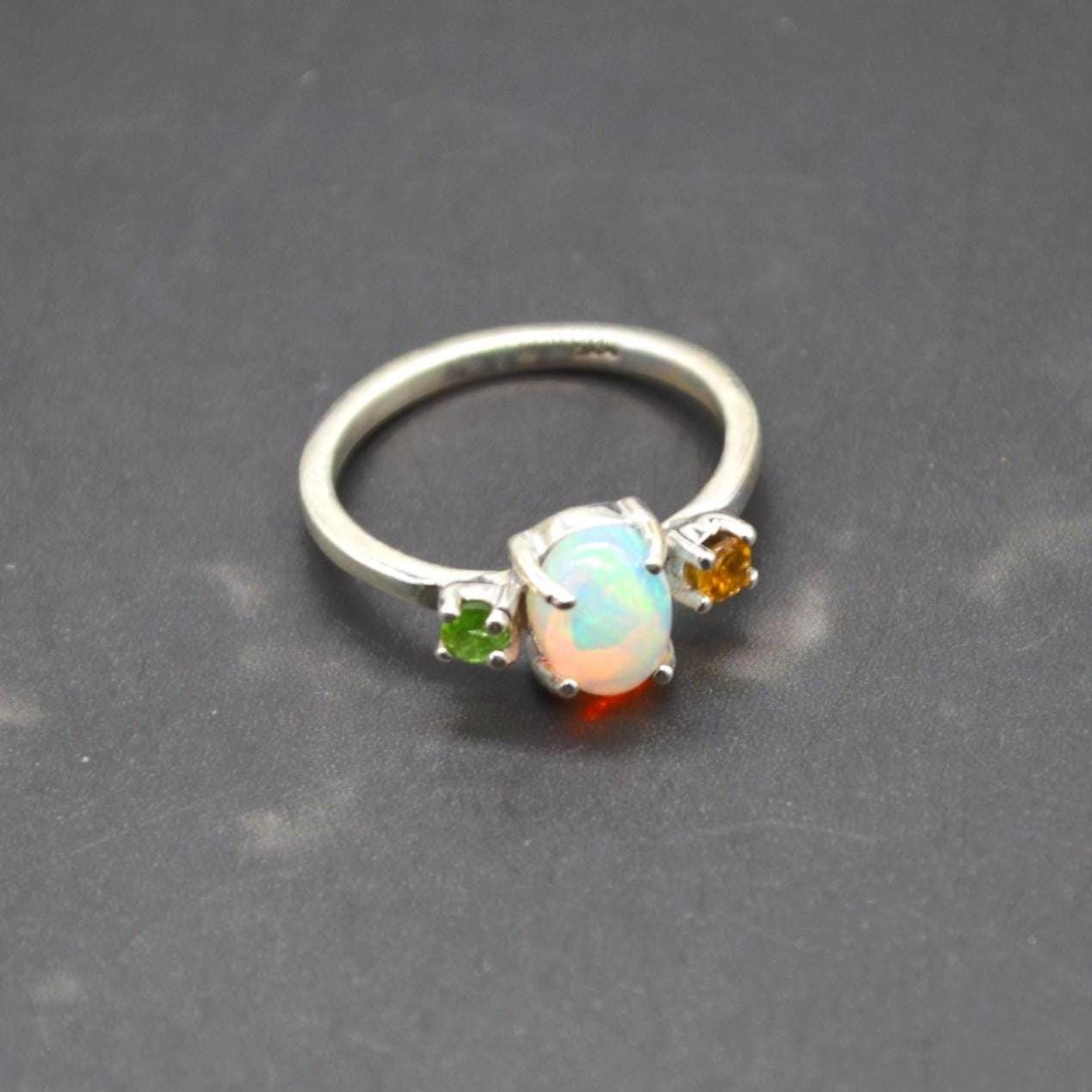 Opal Tourmaline Sterling Silver Ring: UK Size N, October Birthstone, White Orange Green Gemstone