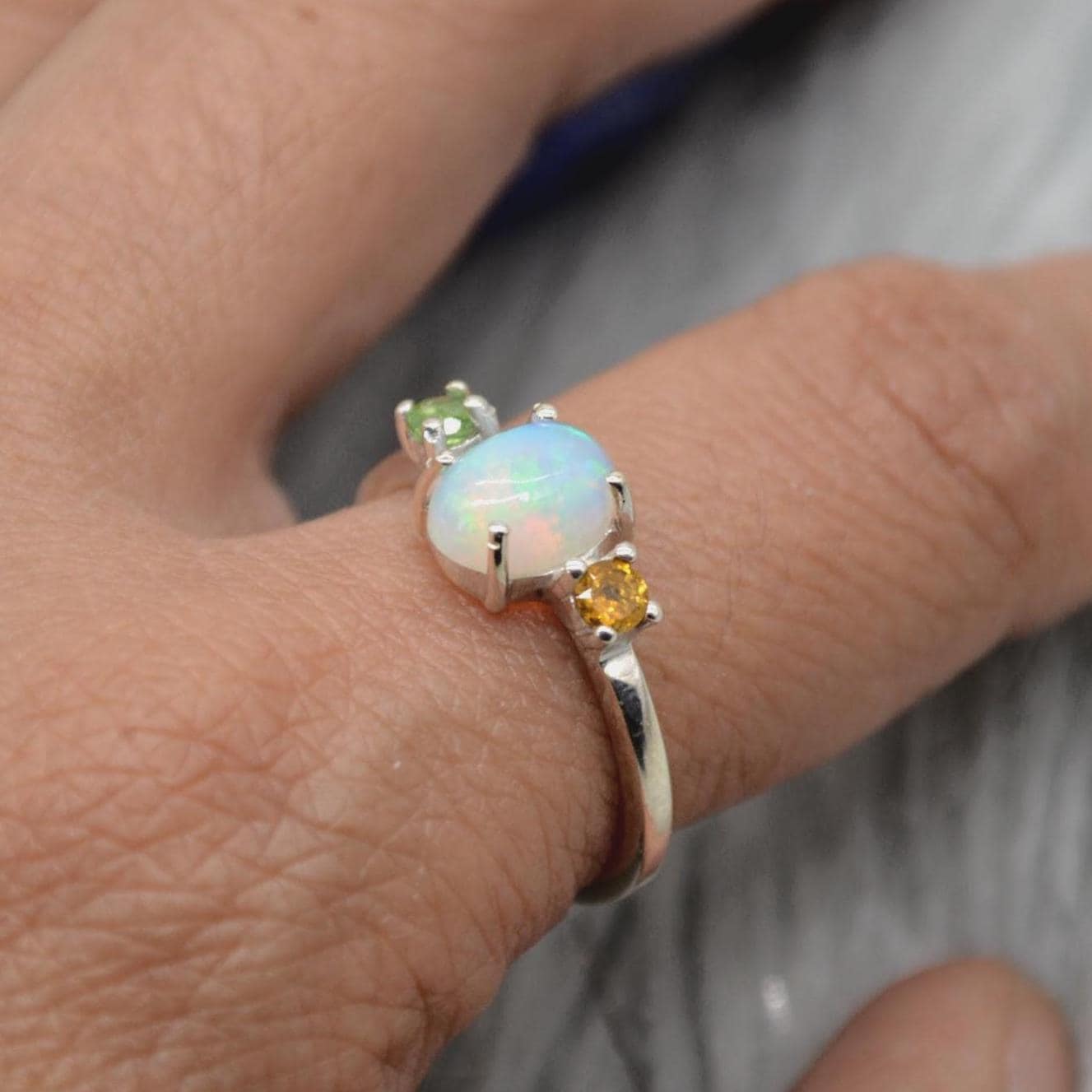Opal Tourmaline Sterling Silver Ring: UK Size N, October Birthstone, White Orange Green Gemstone