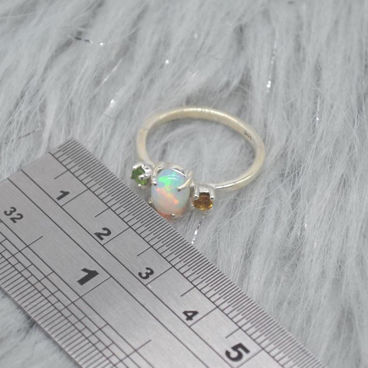 Opal Tourmaline Sterling Silver Ring: UK Size N, October Birthstone, White Orange Green Gemstone