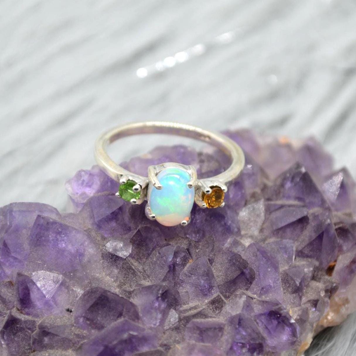 Opal Tourmaline Sterling Silver Ring: UK Size N, October Birthstone, White Orange Green Gemstone