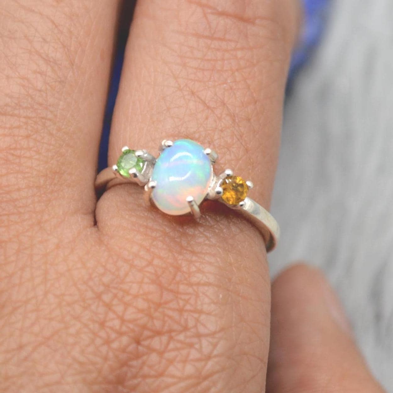 Opal Tourmaline Sterling Silver Ring: UK Size N, October Birthstone, White Orange Green Gemstone