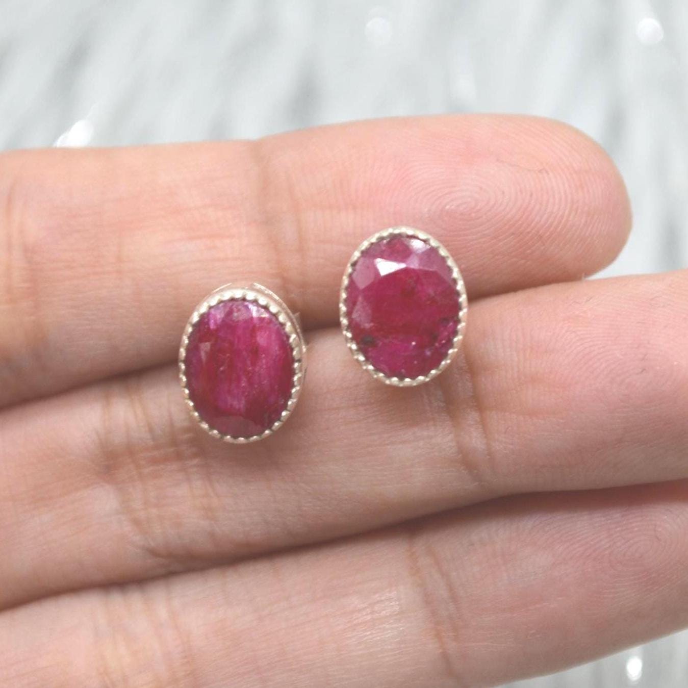 Red Sillimanite Silver Stud Earrings: Sterling Silver Oval Gemstone Jewelry