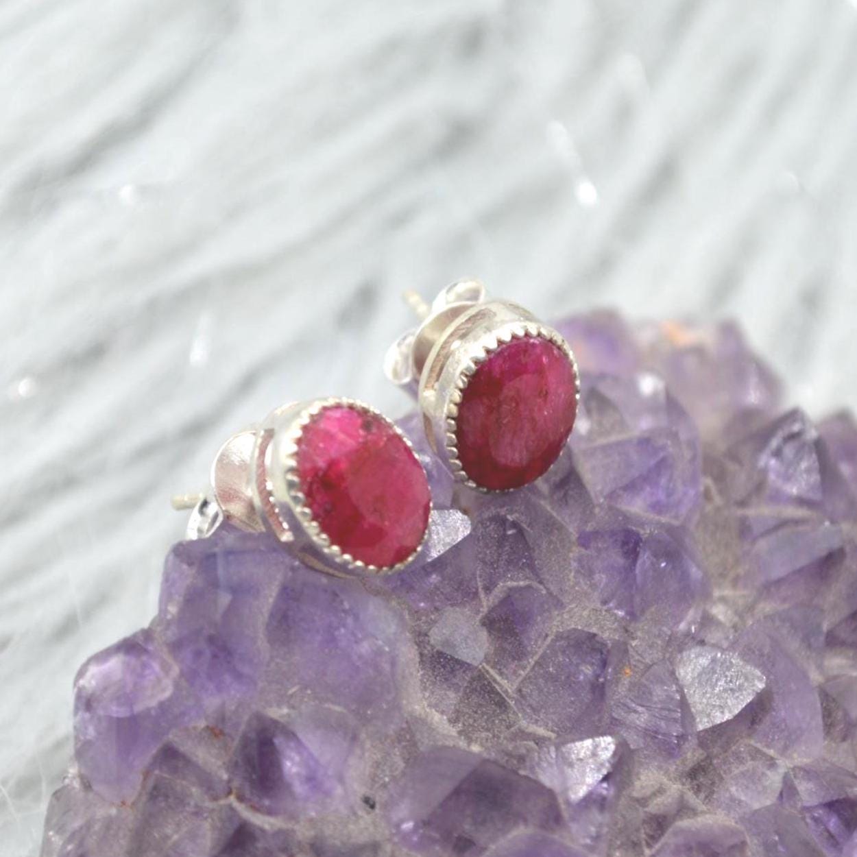 Red Sillimanite Silver Stud Earrings: Sterling Silver Oval Gemstone Jewelry
