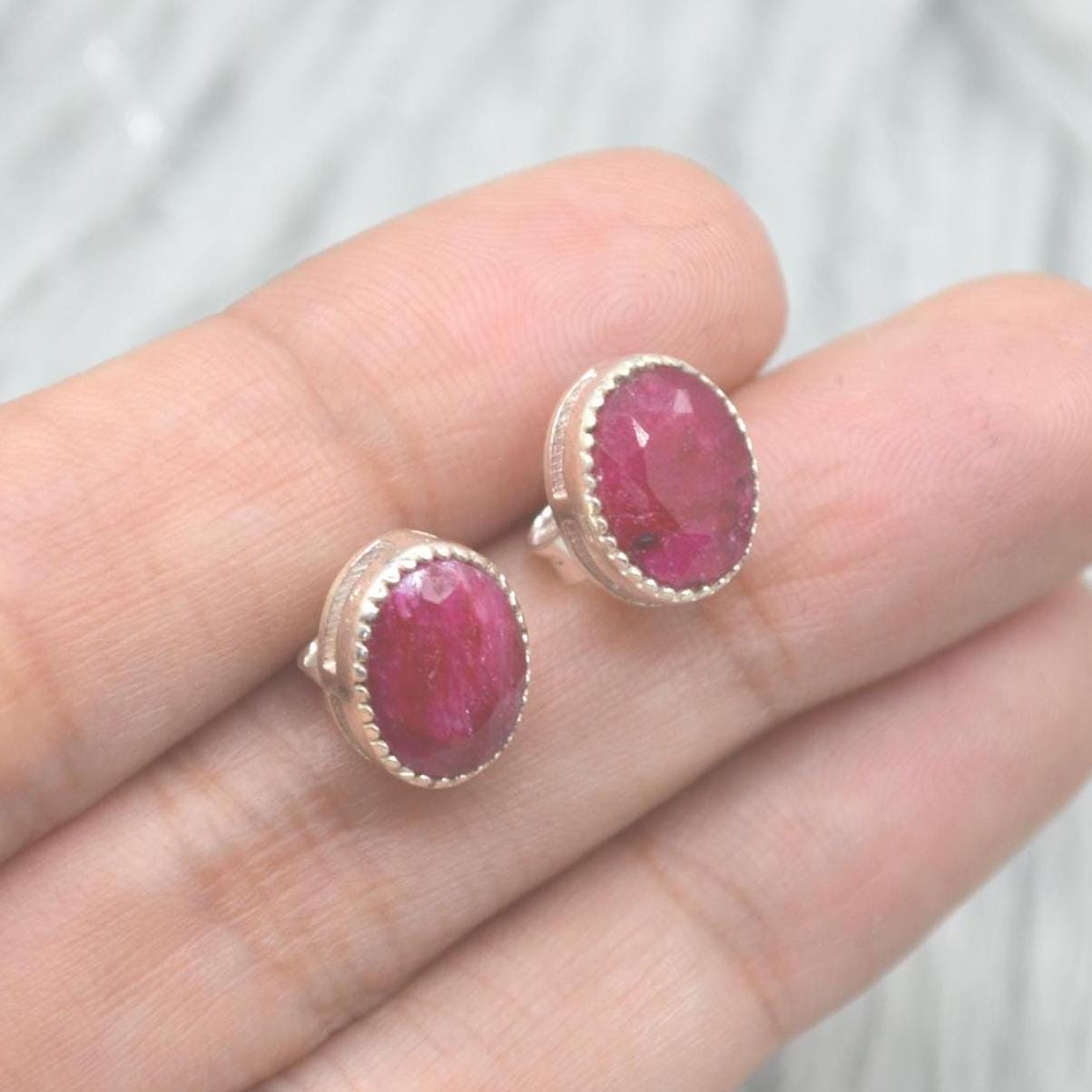 Red Sillimanite Silver Stud Earrings: Sterling Silver Oval Gemstone Jewelry