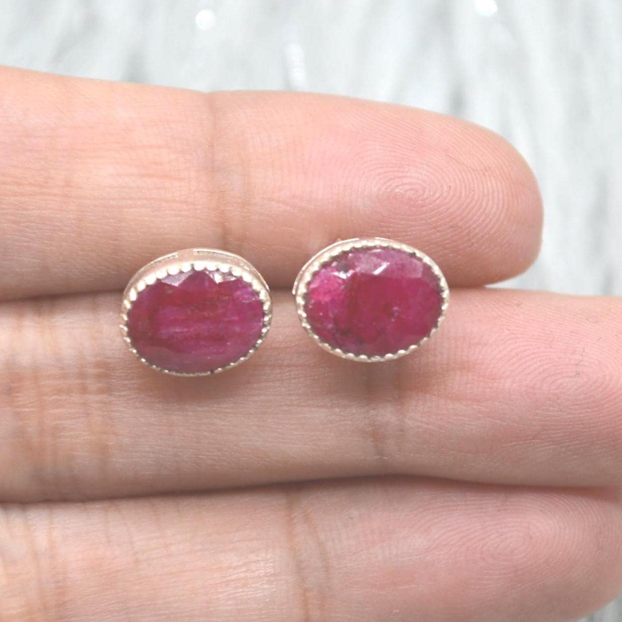 Red Sillimanite Silver Stud Earrings: Sterling Silver Oval Gemstone Jewelry