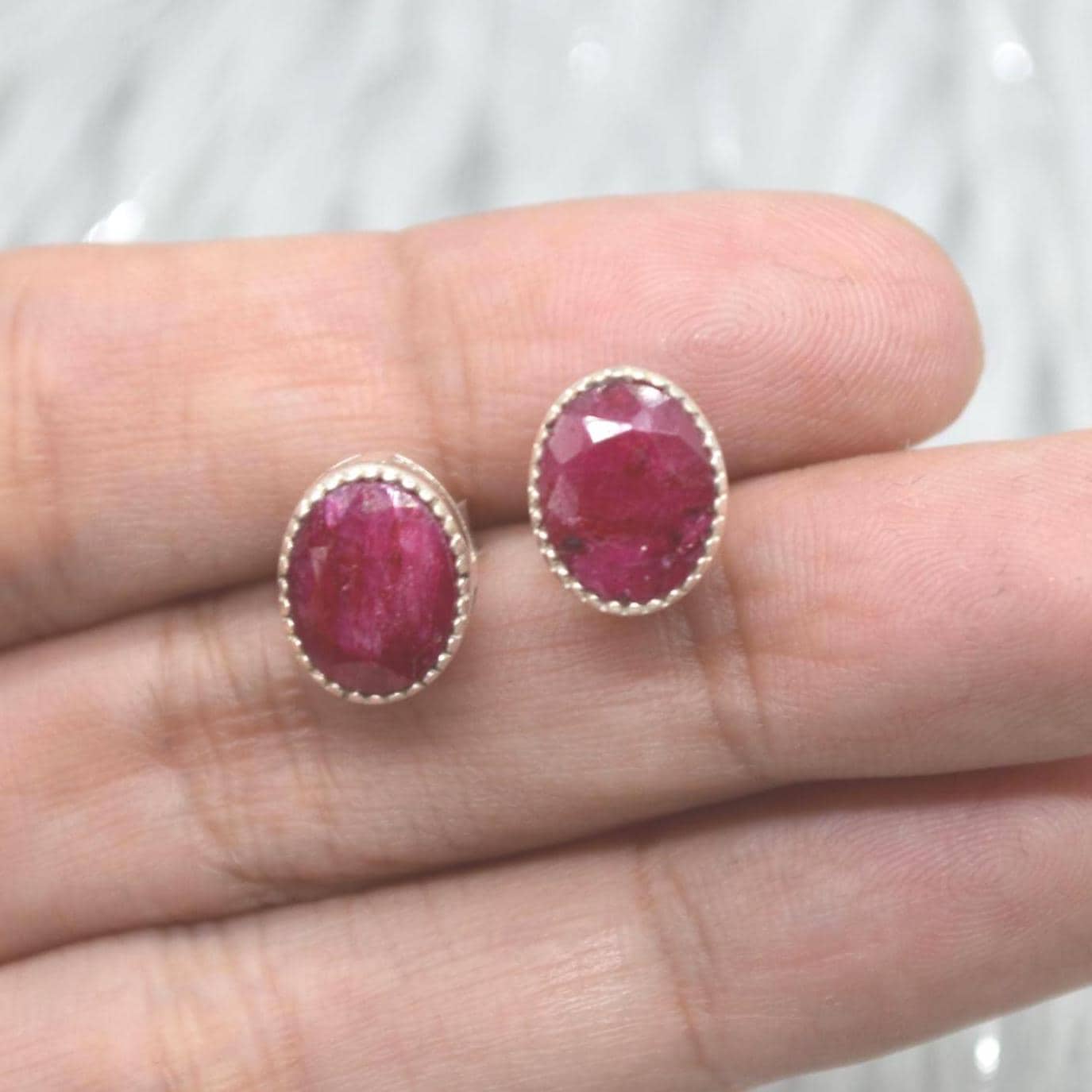 Red Sillimanite Silver Stud Earrings: Sterling Silver Oval Gemstone Jewelry