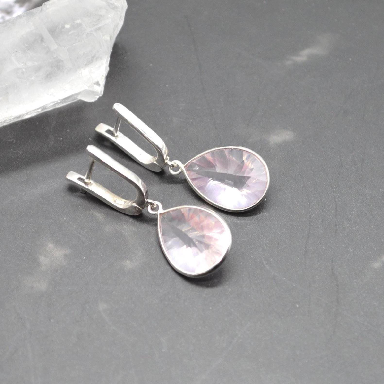 Rose Quartz Silver Teardrop Earrings: Handmade Pink Gemstone Jewelry