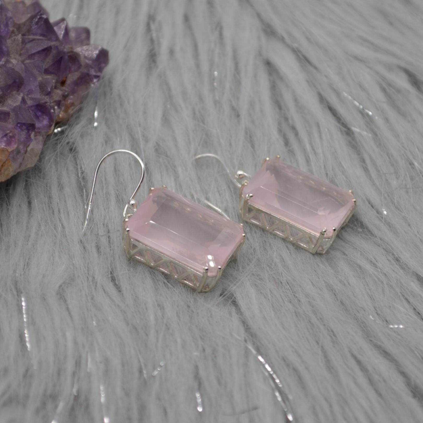 Rose Quartz Silver Earrings, Handmade Pink Gemstone Dangle Drop Jewelry