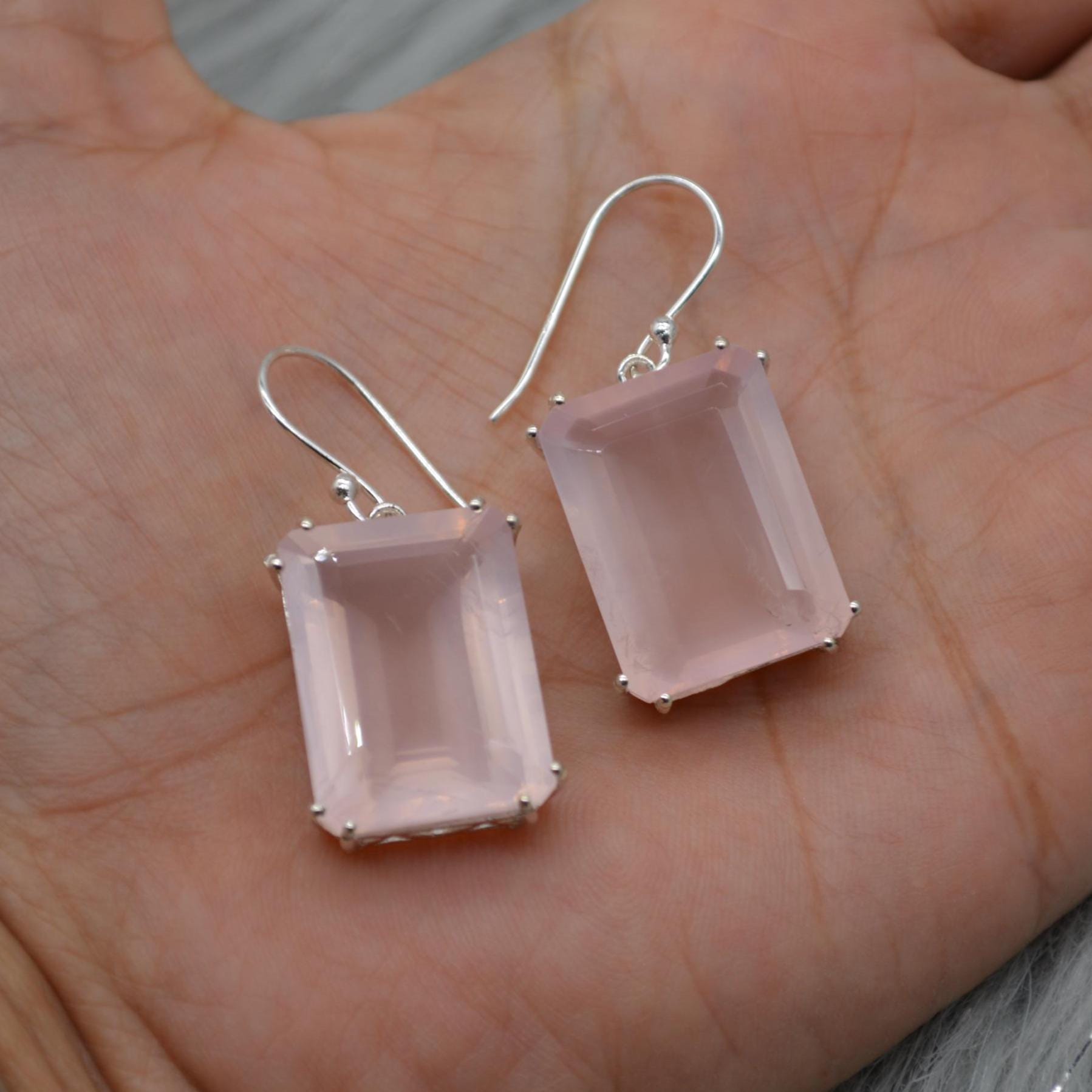 Rose Quartz Silver Earrings, Handmade Pink Gemstone Dangle Drop Jewelry