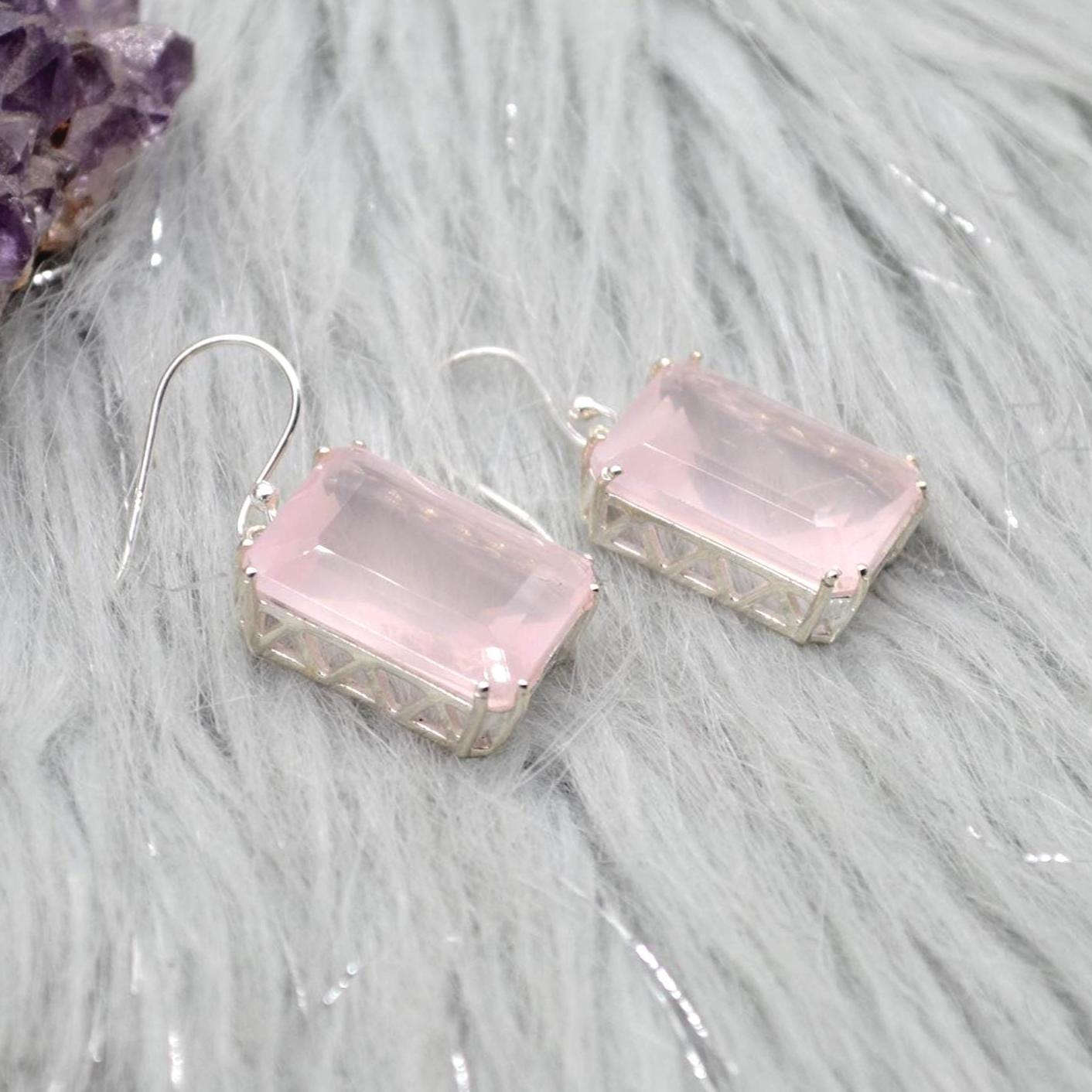Rose Quartz Silver Earrings, Handmade Pink Gemstone Dangle Drop Jewelry