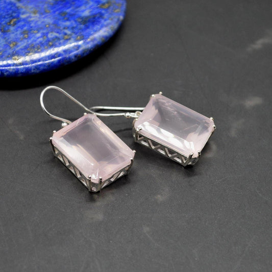 Rose Quartz Silver Earrings, Handmade Pink Gemstone Dangle Drop Jewelry