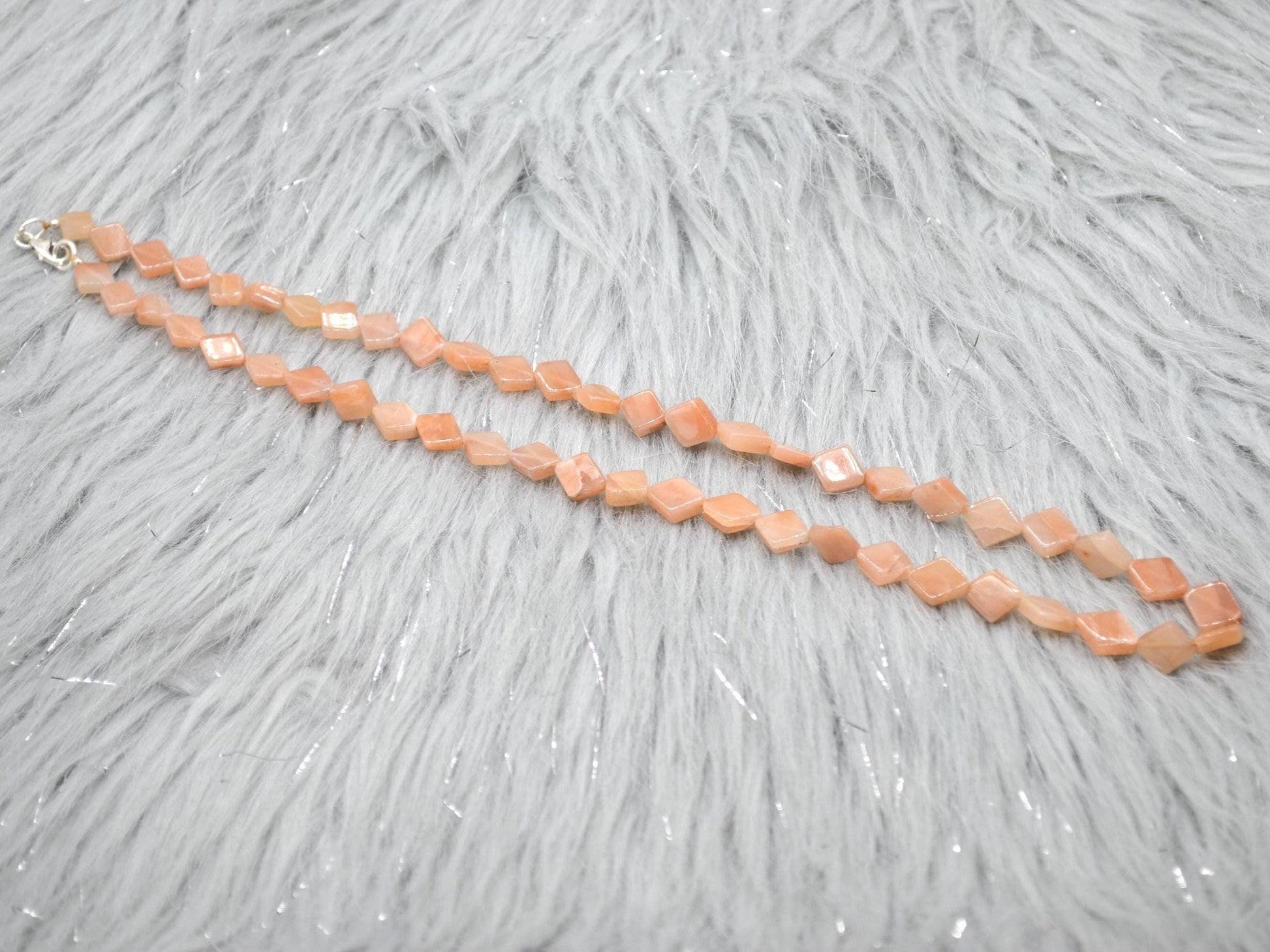 Peach Moonstone Beaded Necklace: Sterling Silver, Pink Gemstone Jewelry