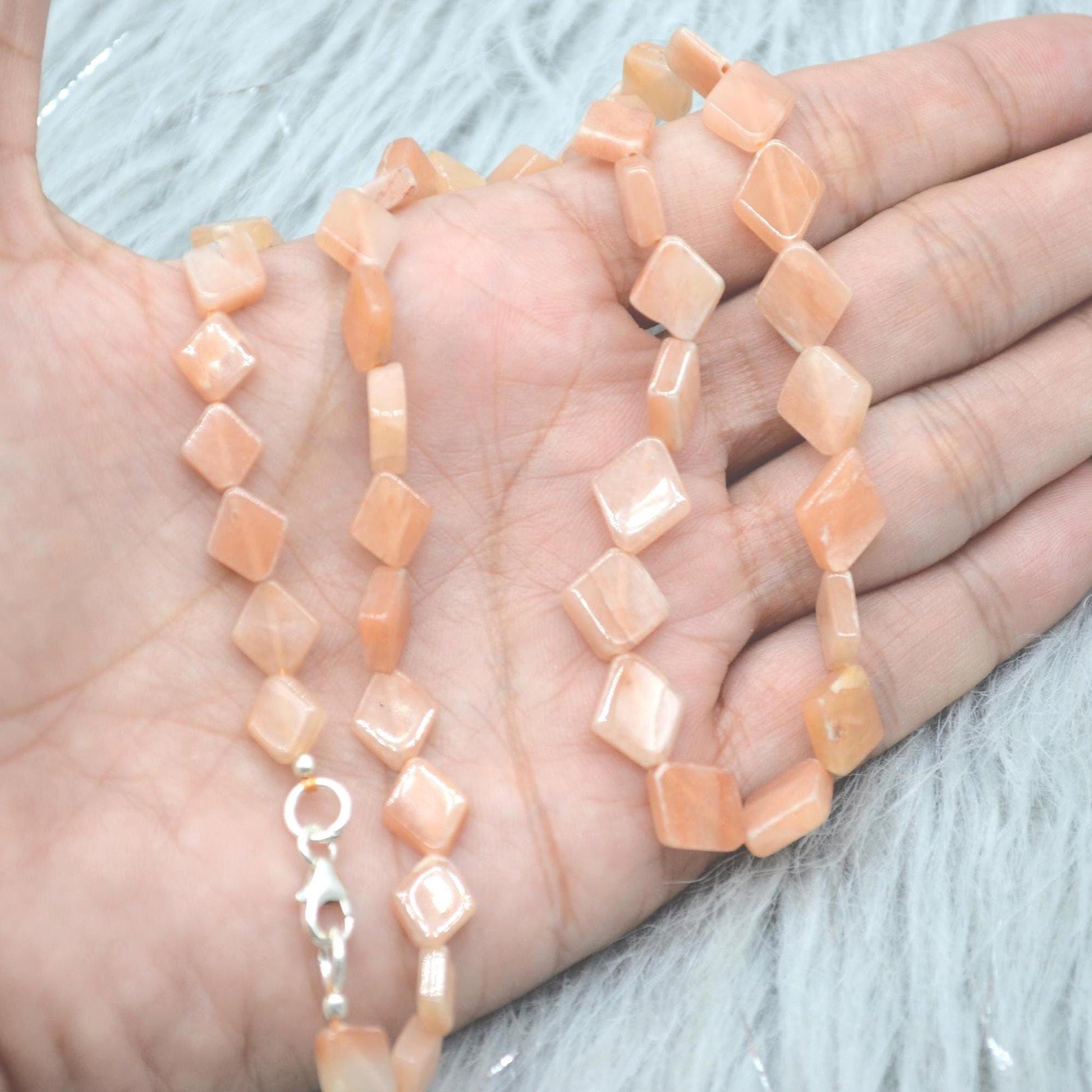 Peach Moonstone Beaded Necklace: Sterling Silver, Pink Gemstone Jewelry