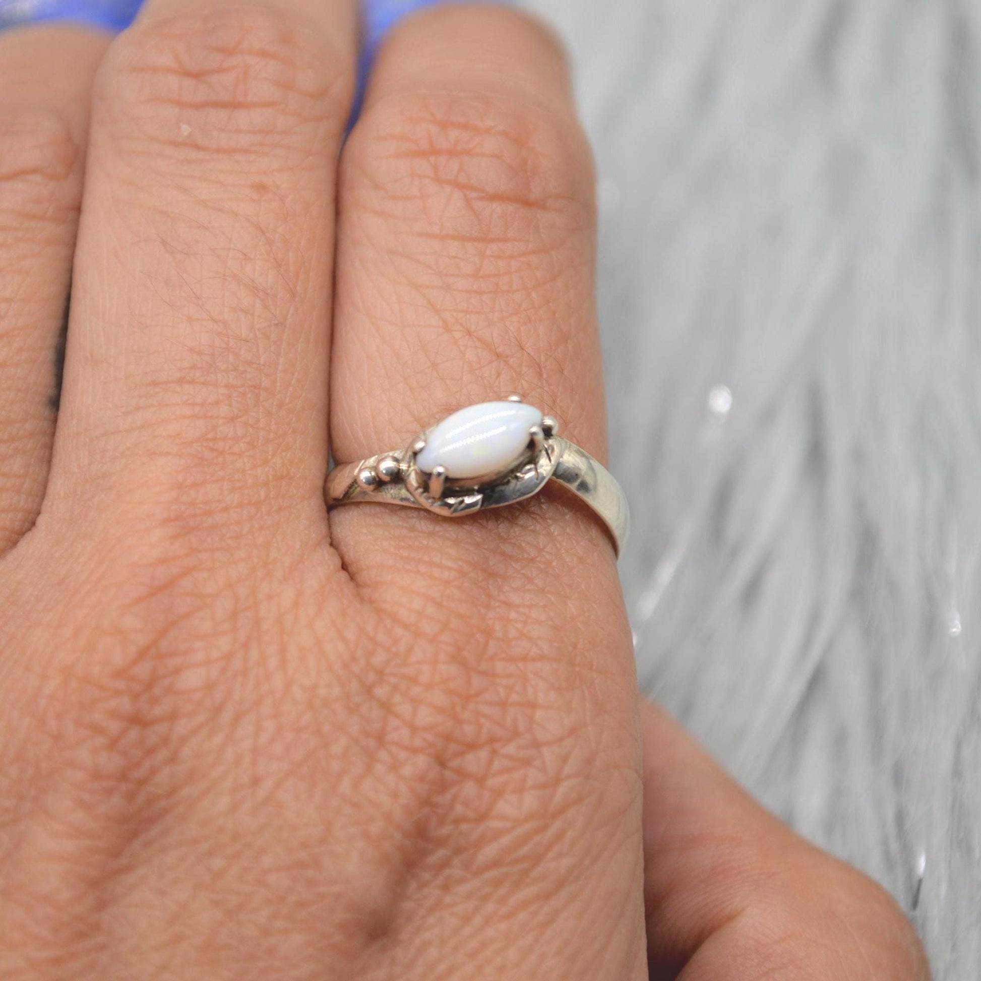 Opal Sterling Silver Ring: UK Size P, White Gemstone Jewelry
