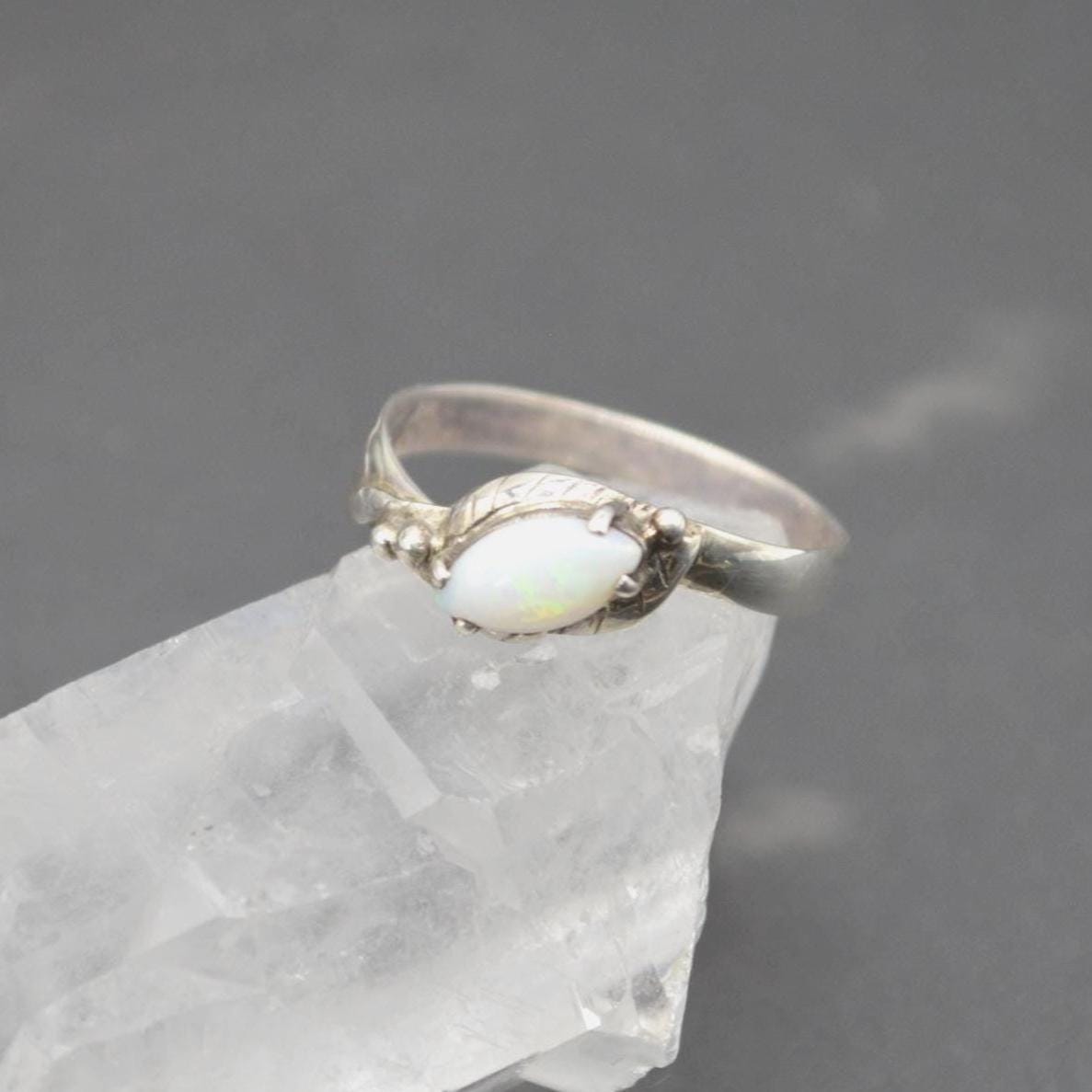 Opal Sterling Silver Ring: UK Size P, White Gemstone Jewelry