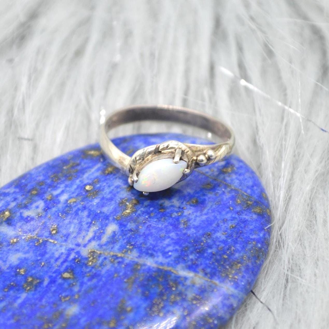 Opal Sterling Silver Ring: UK Size P, White Gemstone Jewelry