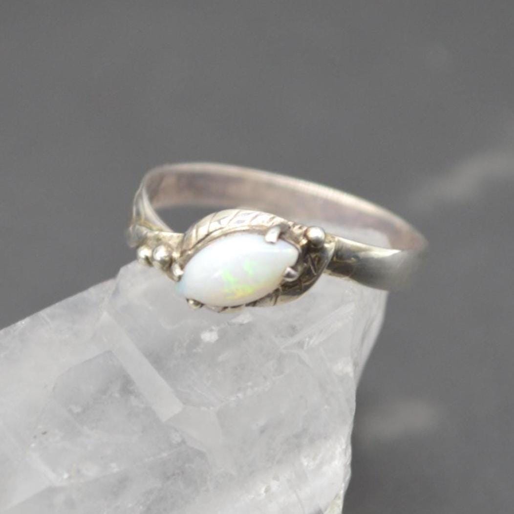 Opal Sterling Silver Ring: UK Size P, White Gemstone Jewelry