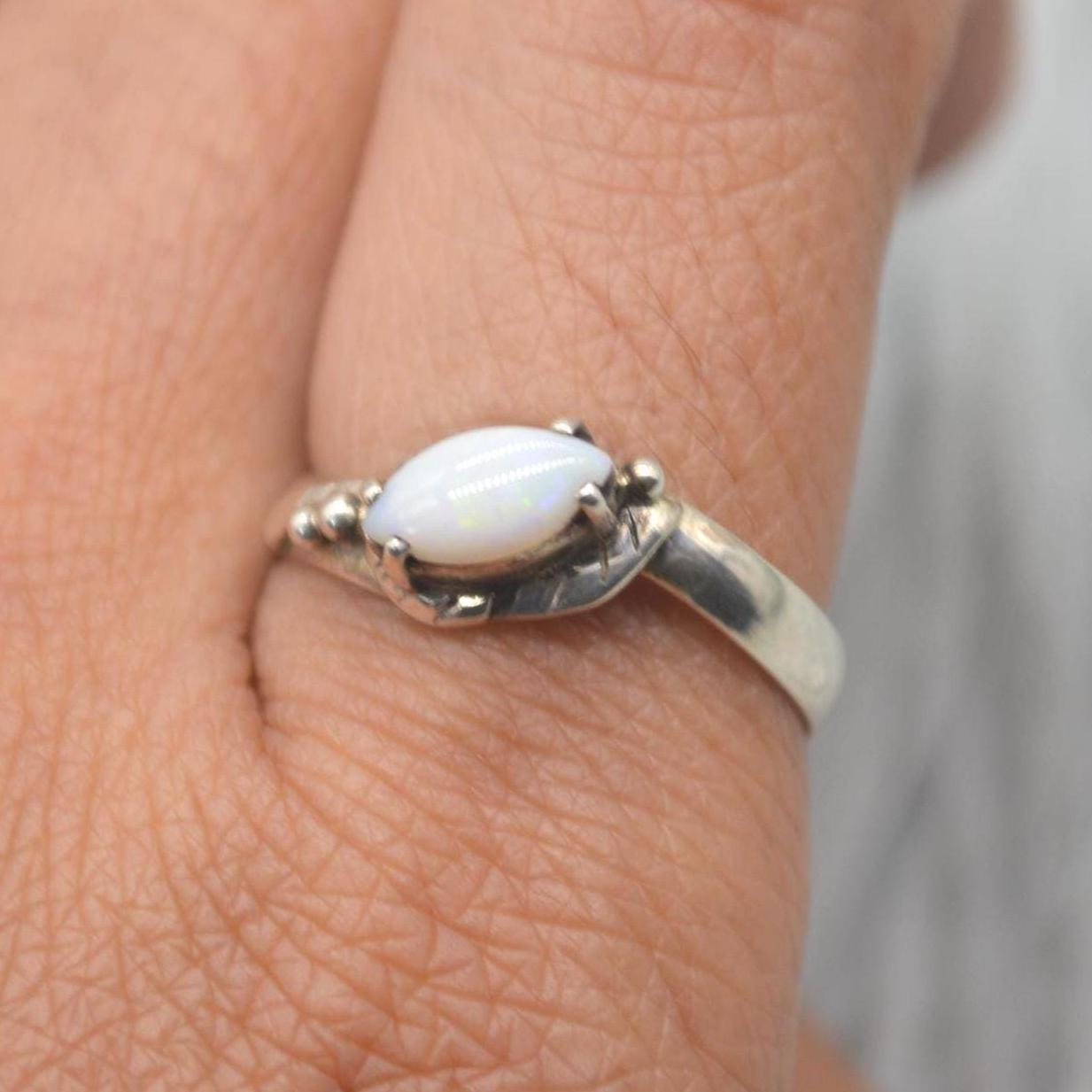 Opal Sterling Silver Ring: UK Size P, White Gemstone Jewelry