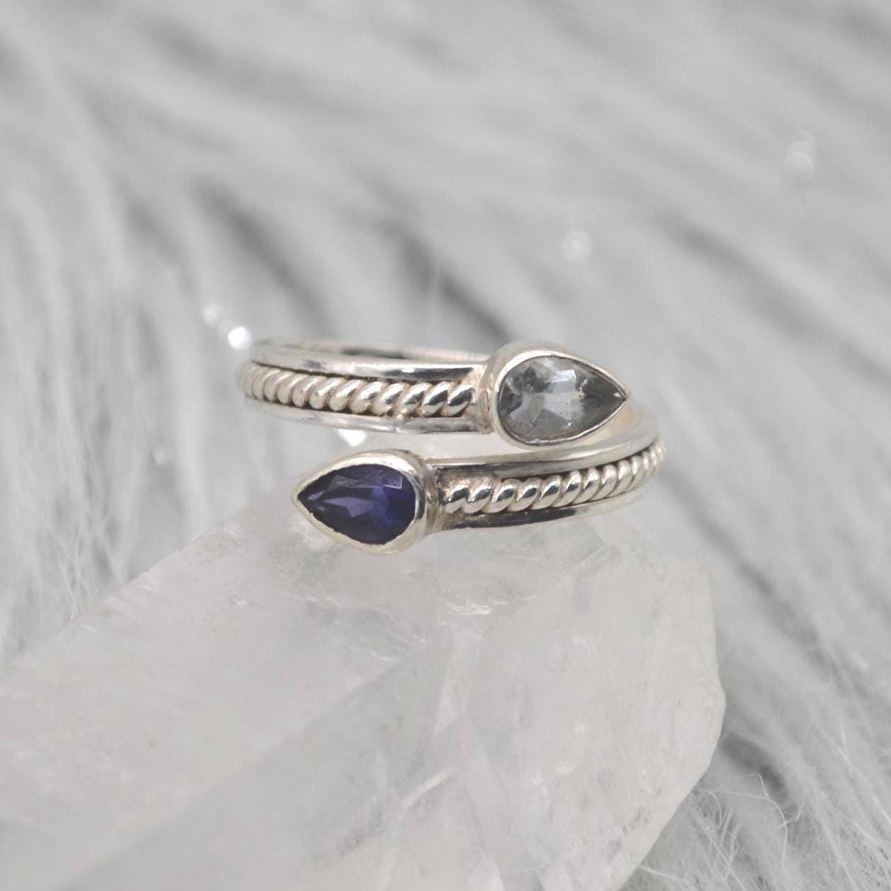 Aquamarine Iolite Sterling Silver Ring: UK Size N, Dainty March Birthstone, Blue Gemstone Jewelry