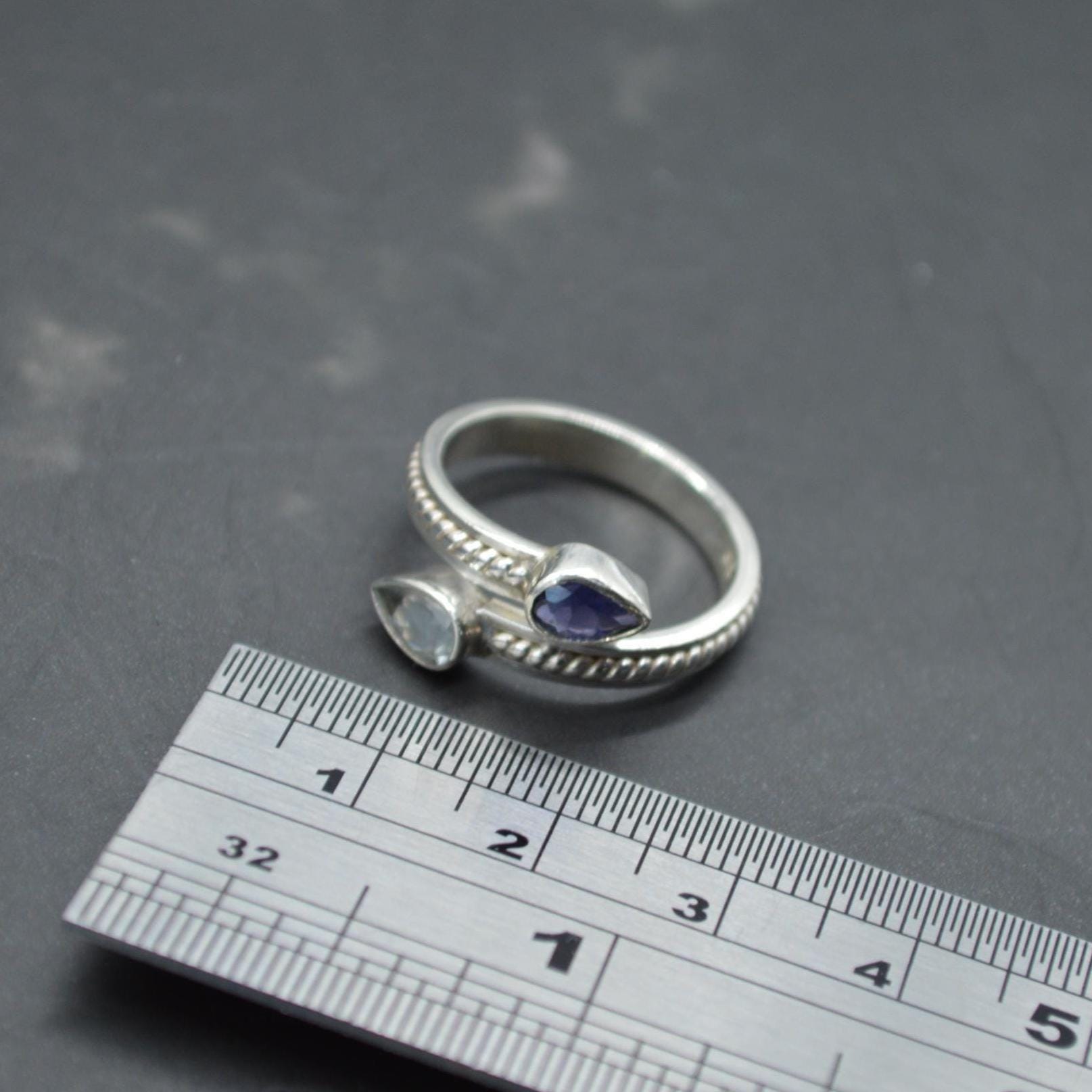 Aquamarine Iolite Sterling Silver Ring: UK Size N, Dainty March Birthstone, Blue Gemstone Jewelry
