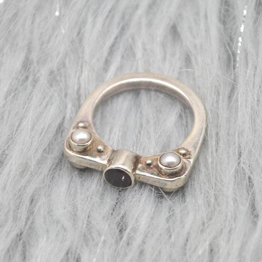 Garnet Pearl Sterling Silver Ring: Size N 1/2, Red White Gemstone, January June Birthstone