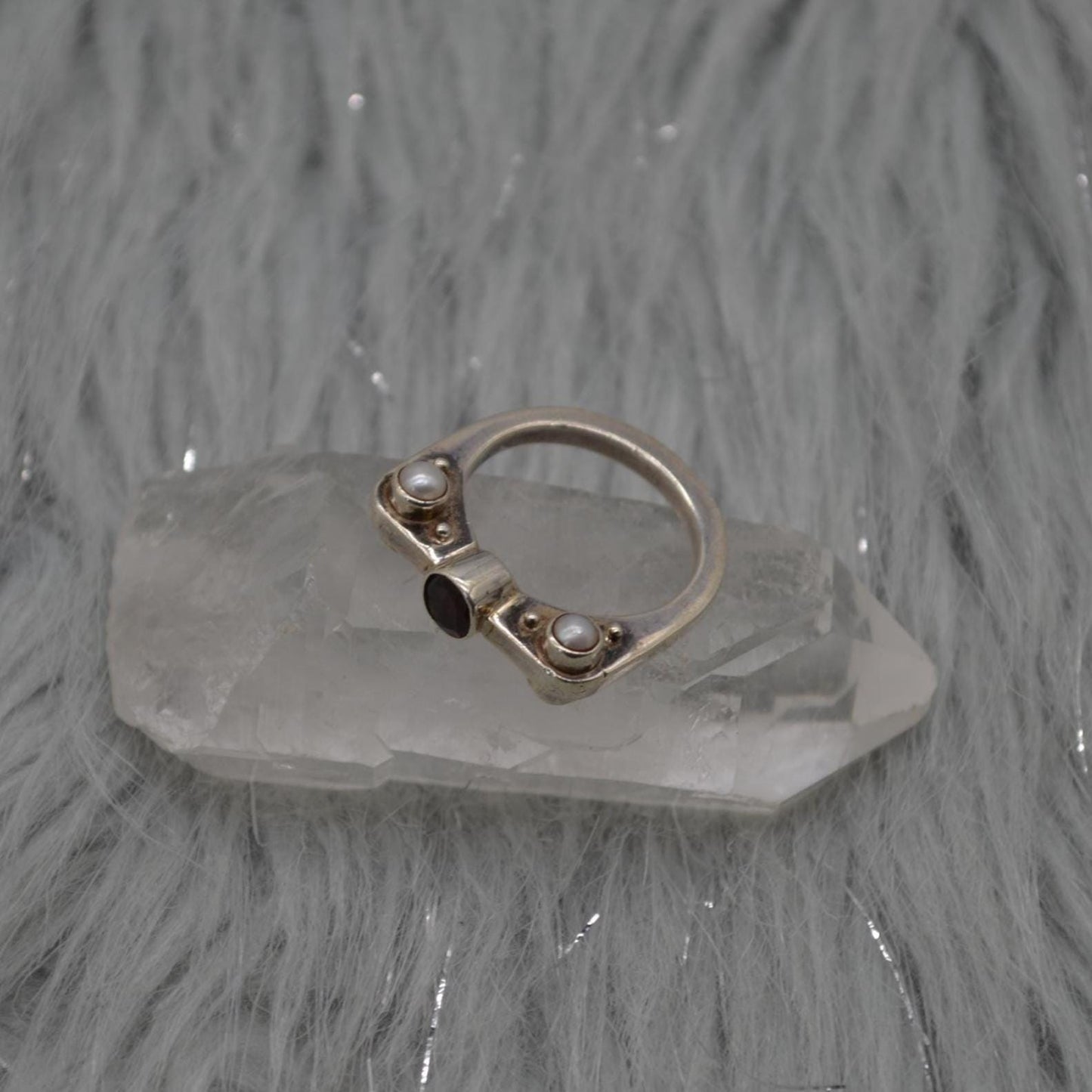 Garnet Pearl Sterling Silver Ring: Size N 1/2, Red White Gemstone, January June Birthstone