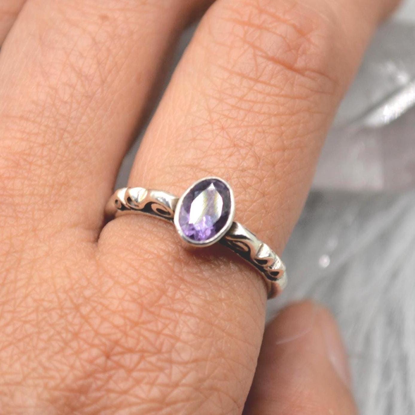 Amethyst Sterling Silver Ring: February Birthstone Jewelry, Purple Gemstone, Everyday Stacking Ring