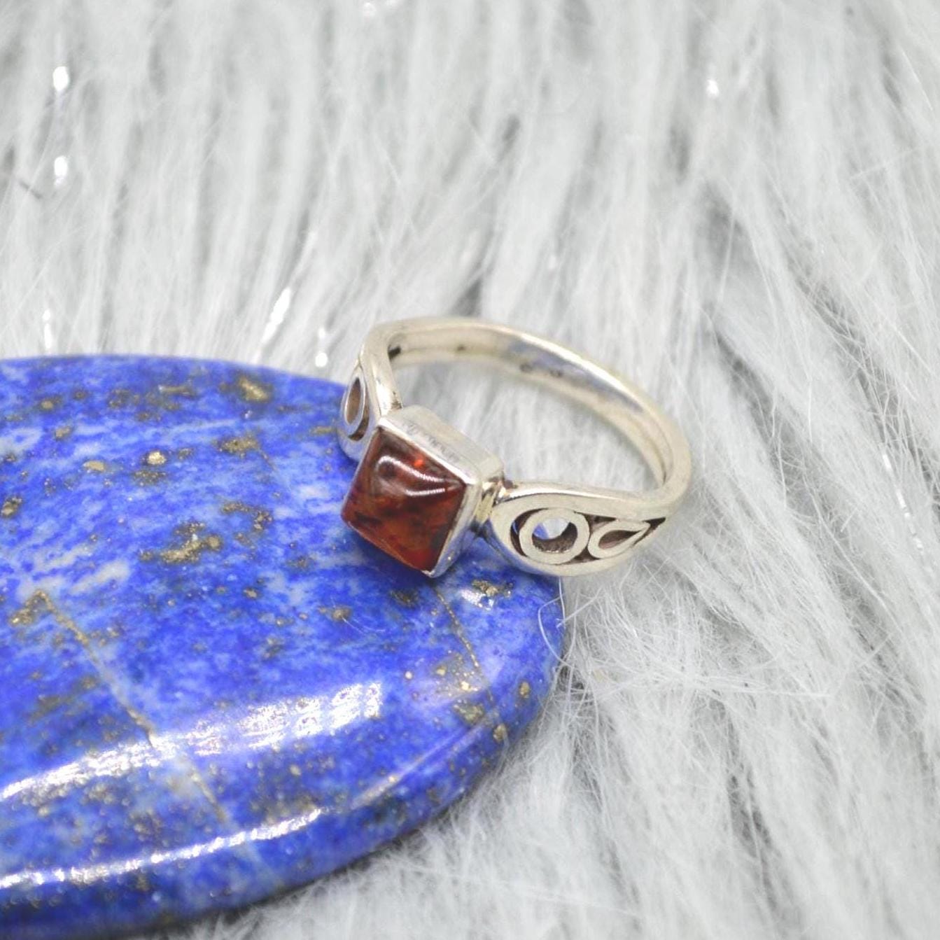 Red Amber Sterling Silver Ring: UK Size N, Stacking Ring, Gemstone Jewelry
