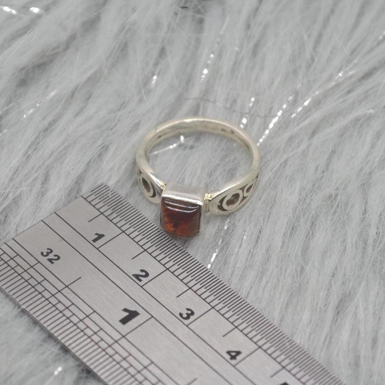 Red Amber Sterling Silver Ring: UK Size N, Stacking Ring, Gemstone Jewelry