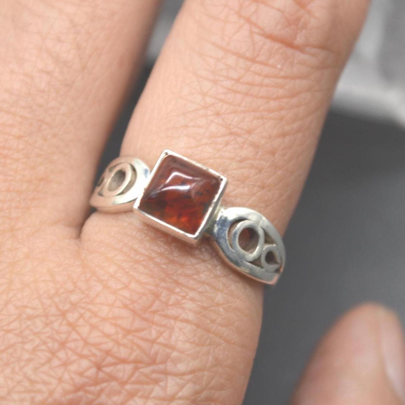 Red Amber Sterling Silver Ring: UK Size N, Stacking Ring, Gemstone Jewelry