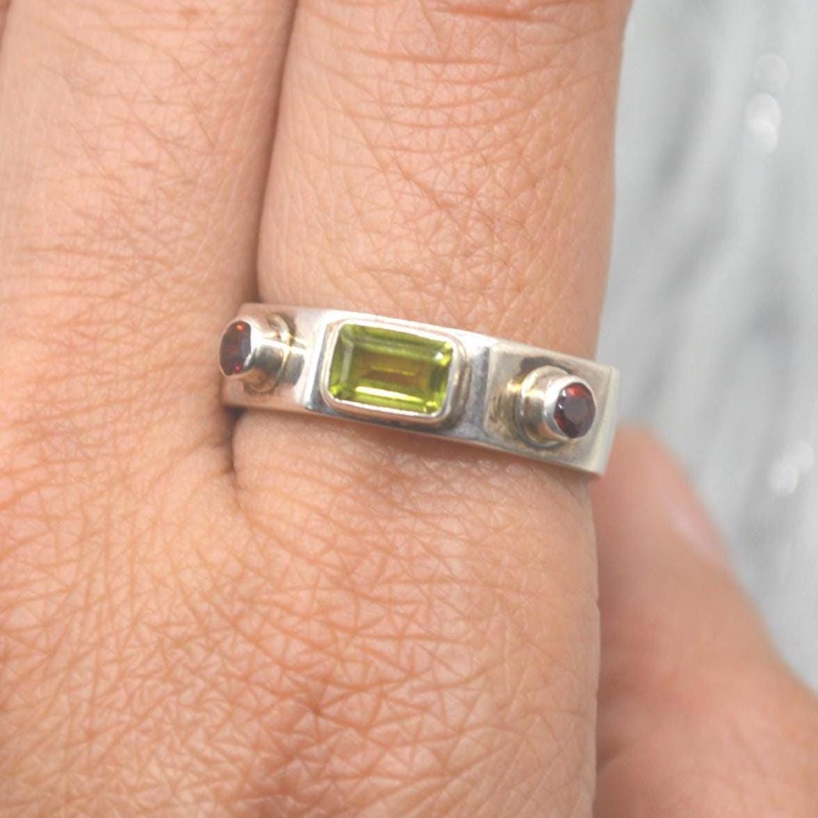 Peridot Garnet Sterling Silver Ring: Size O, August January Birthstone, Green Red Gemstone Jewelry