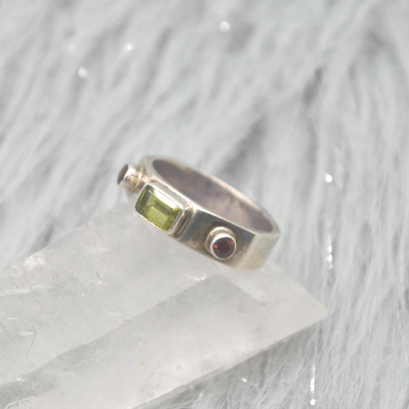 Peridot Garnet Sterling Silver Ring: Size O, August January Birthstone, Green Red Gemstone Jewelry