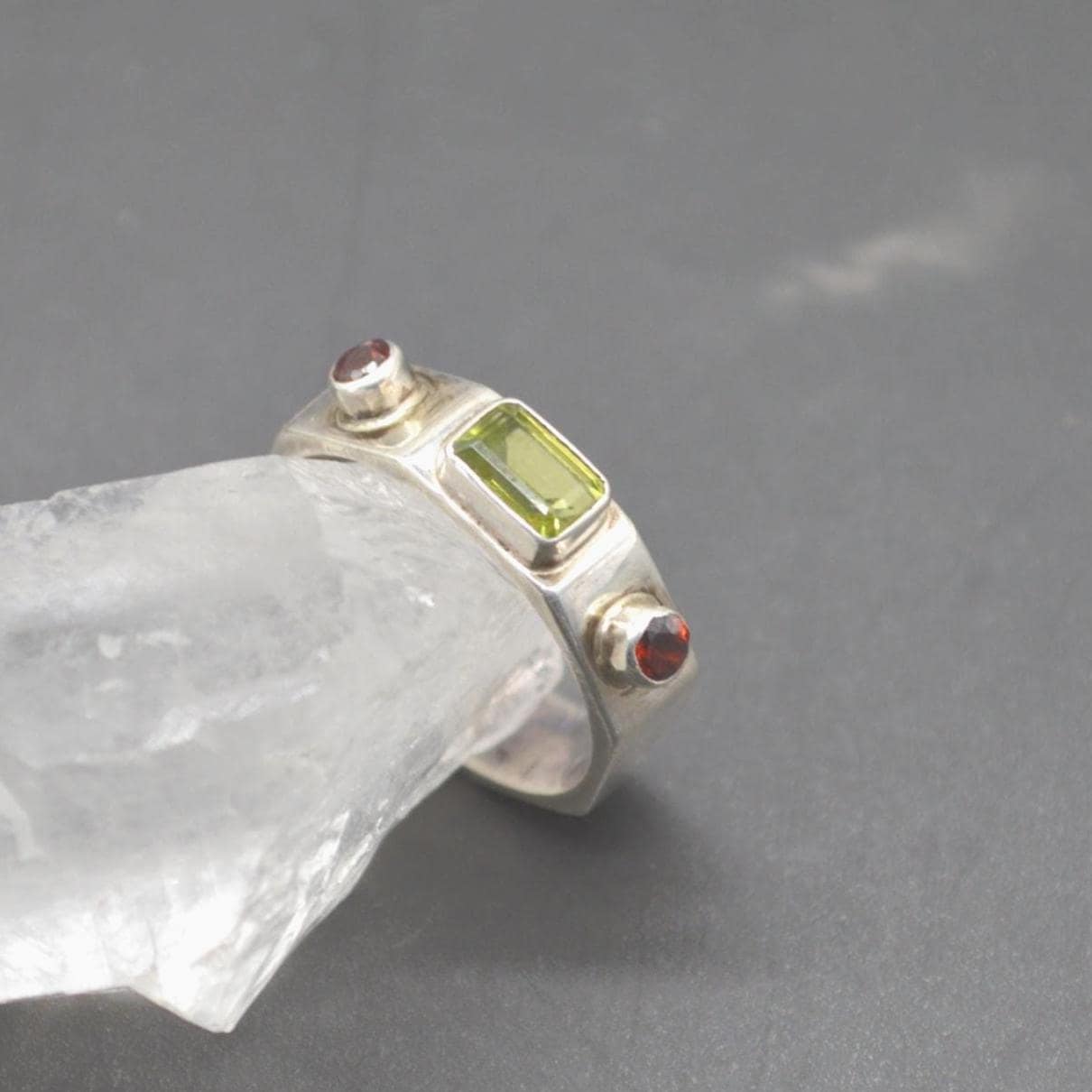 Peridot Garnet Sterling Silver Ring: Size O, August January Birthstone, Green Red Gemstone Jewelry