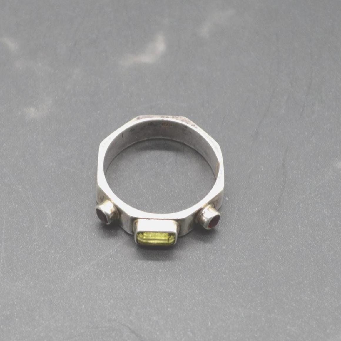 Peridot Garnet Sterling Silver Ring: Size O, August January Birthstone, Green Red Gemstone Jewelry