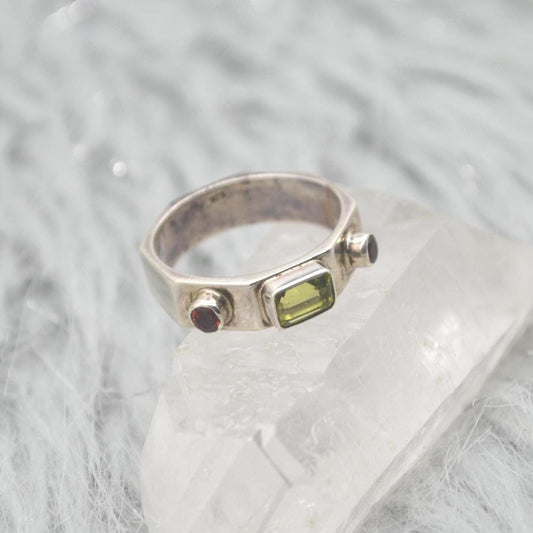 Peridot Garnet Sterling Silver Ring: Size O, August January Birthstone, Green Red Gemstone Jewelry