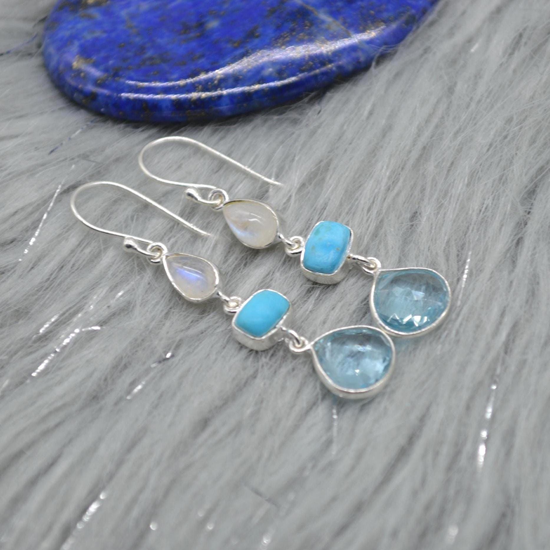 Moonstone Turquoise Blue Topaz Earrings: Sterling Silver Dangle Drop, Gemstone Jewelry, December Birthstone