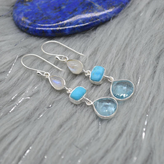 Moonstone Turquoise Blue Topaz Earrings: Sterling Silver Dangle Drop, Gemstone Jewelry, December Birthstone