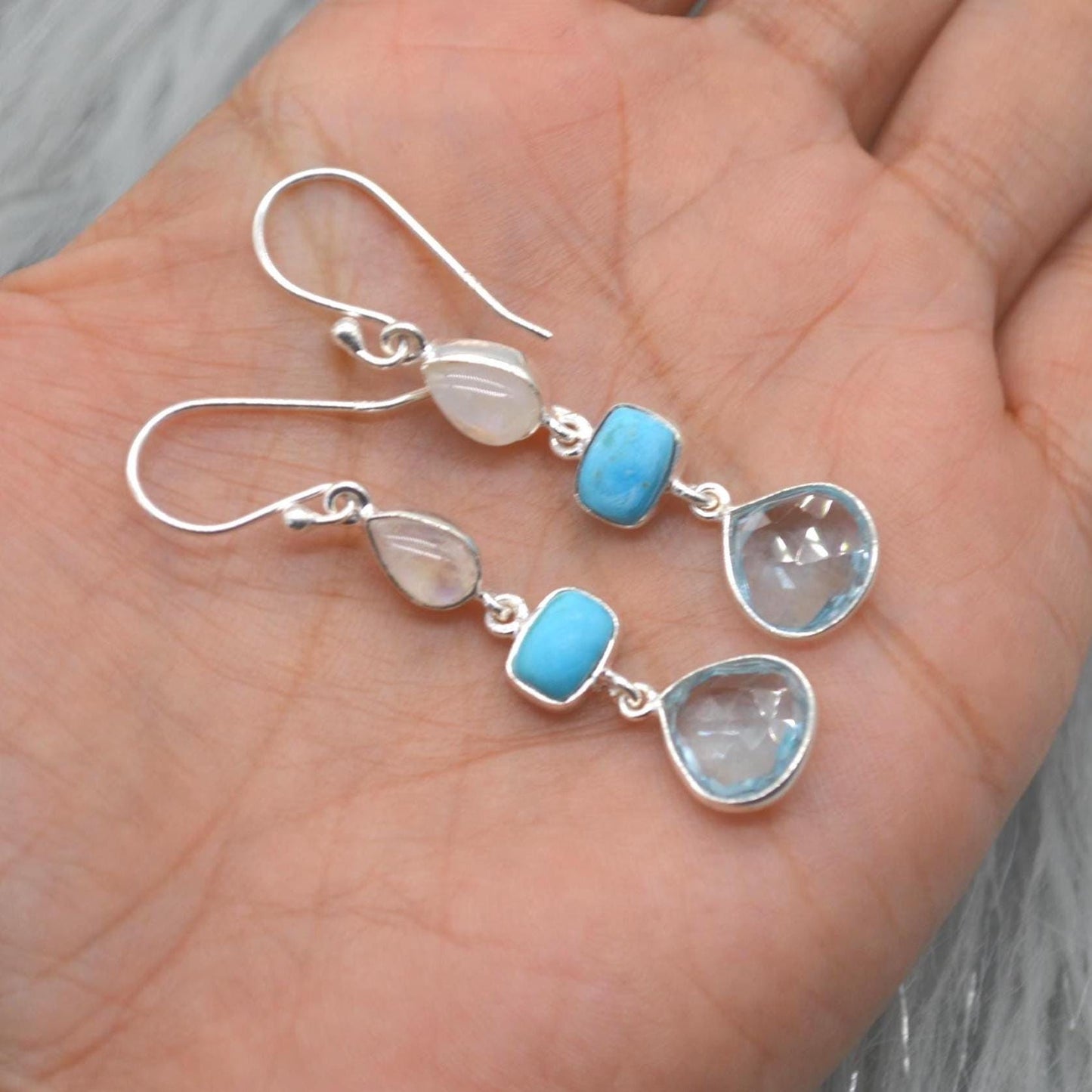 Moonstone Turquoise Blue Topaz Earrings: Sterling Silver Dangle Drop, Gemstone Jewelry, December Birthstone
