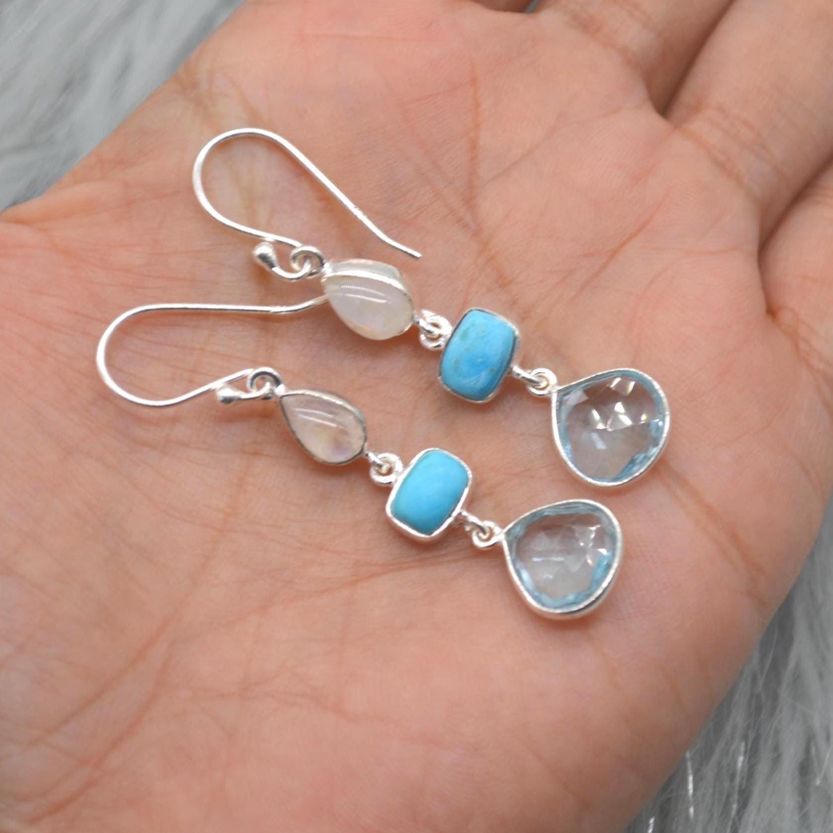 Moonstone Turquoise Blue Topaz Earrings: Sterling Silver Dangle Drop, Gemstone Jewelry, December Birthstone