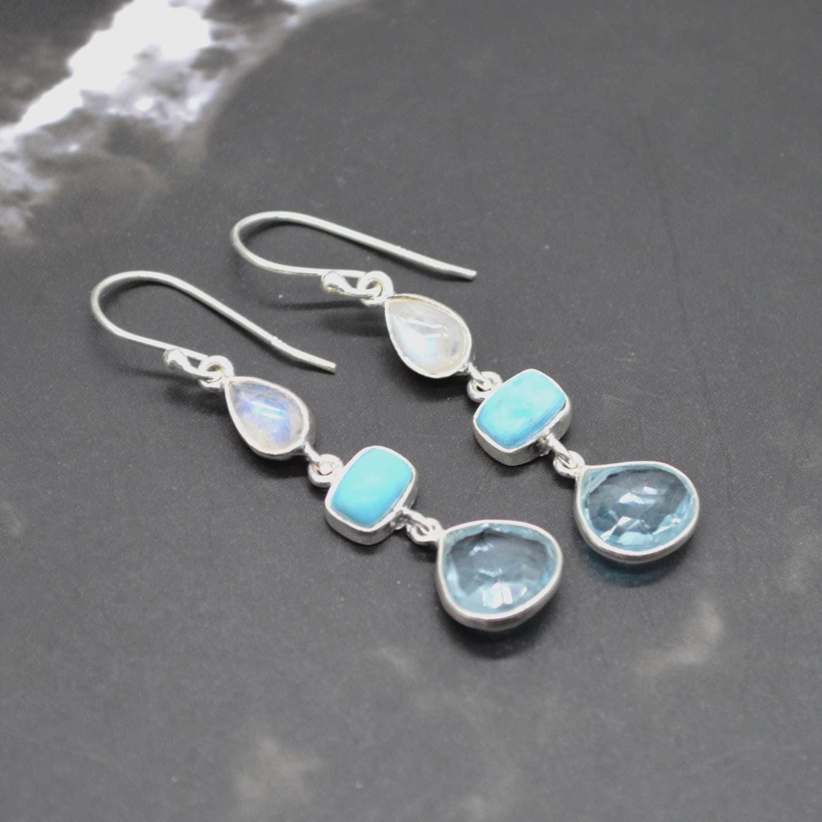 Moonstone Turquoise Blue Topaz Earrings: Sterling Silver Dangle Drop, Gemstone Jewelry, December Birthstone
