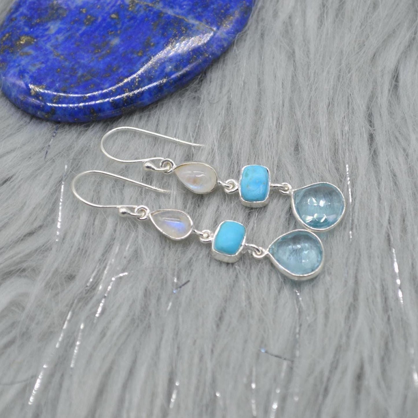 Moonstone Turquoise Blue Topaz Earrings: Sterling Silver Dangle Drop, Gemstone Jewelry, December Birthstone