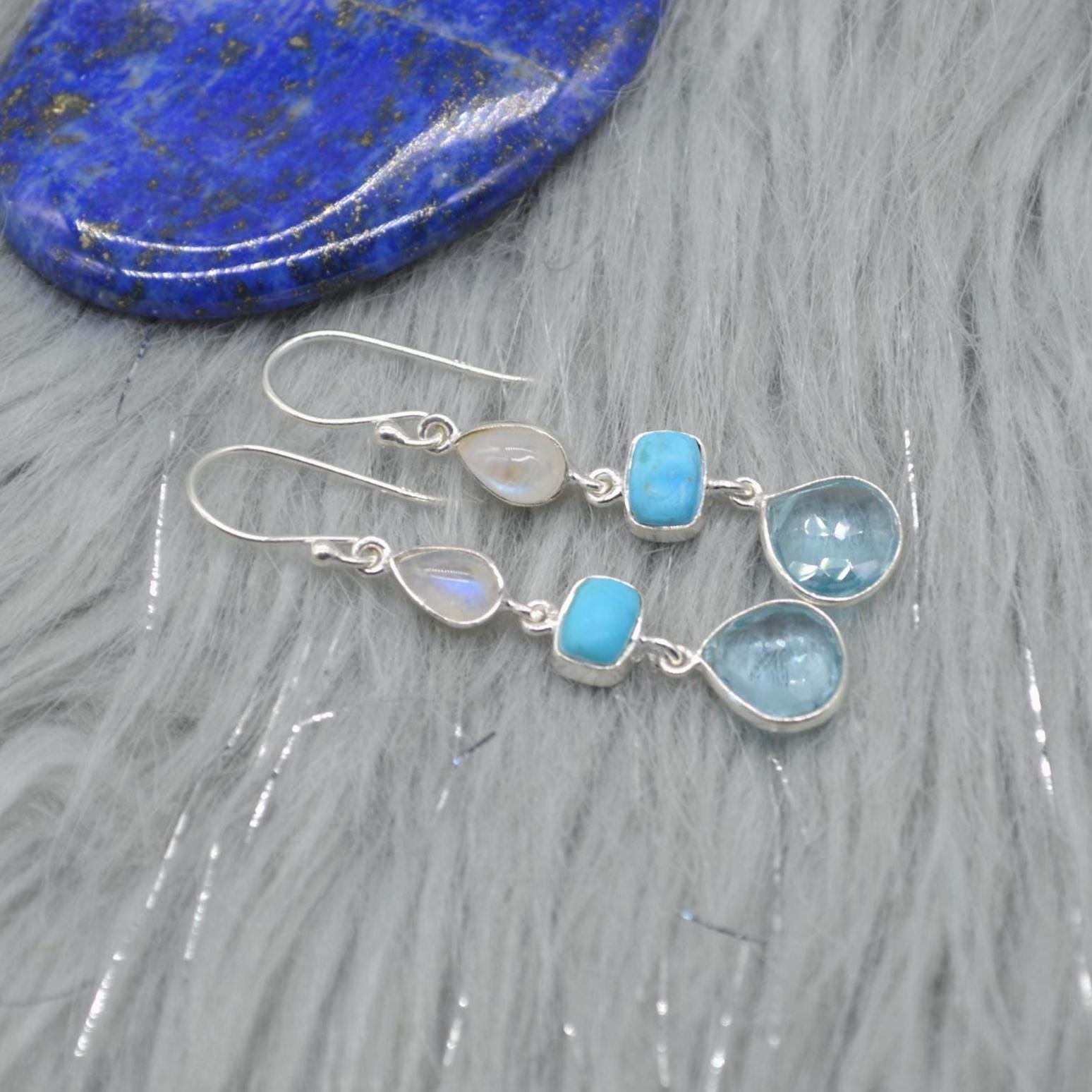 Moonstone Turquoise Blue Topaz Earrings: Sterling Silver Dangle Drop, Gemstone Jewelry, December Birthstone