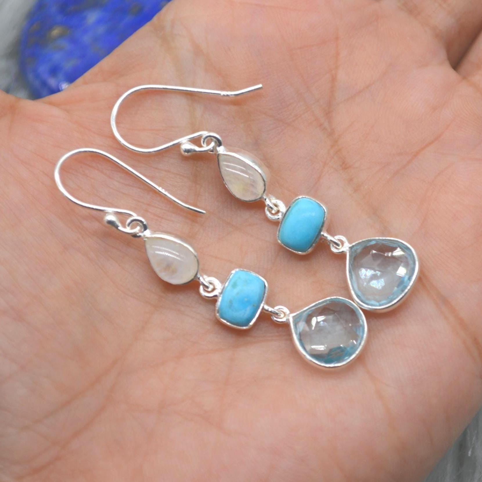 Moonstone Turquoise Blue Topaz Earrings: Sterling Silver Dangle Drop, Gemstone Jewelry, December Birthstone