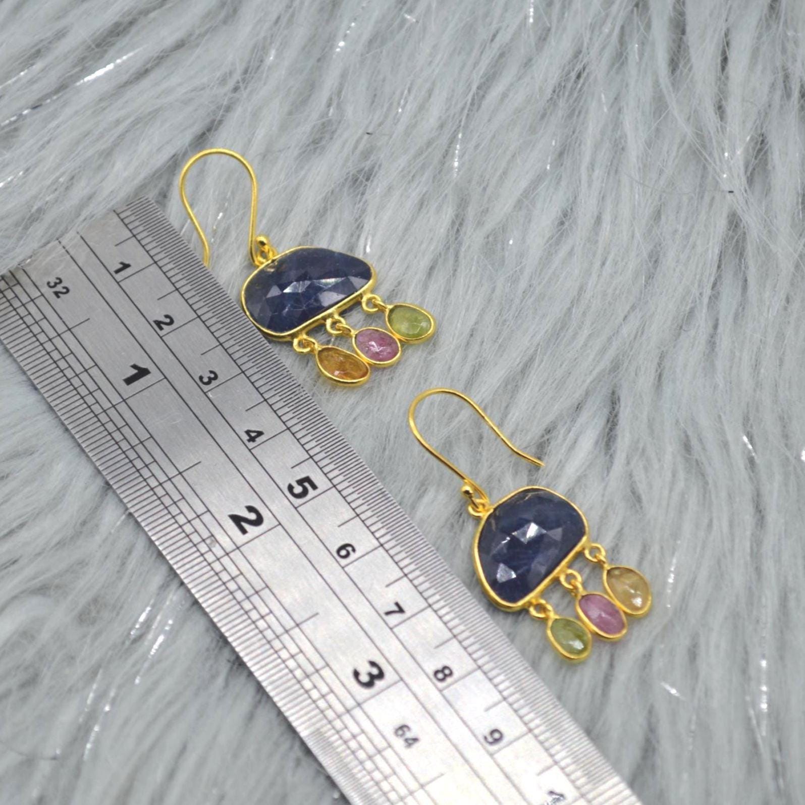 Blue Sapphire Tourmaline Silver Earrings: Gemstone Gold Dangle Drop, September October Birthstone